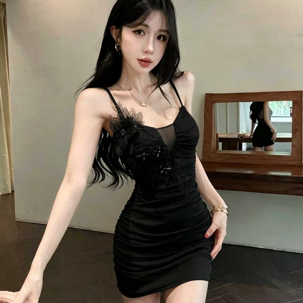 Fold gauze slim T-back package hip hollow sling dress