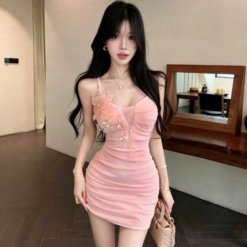 Fold gauze slim T-back package hip hollow sling dress