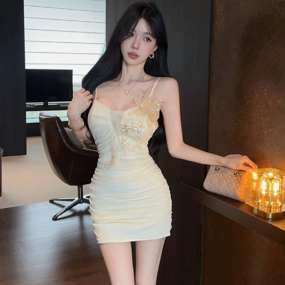 Fold gauze slim T-back package hip hollow sling dress
