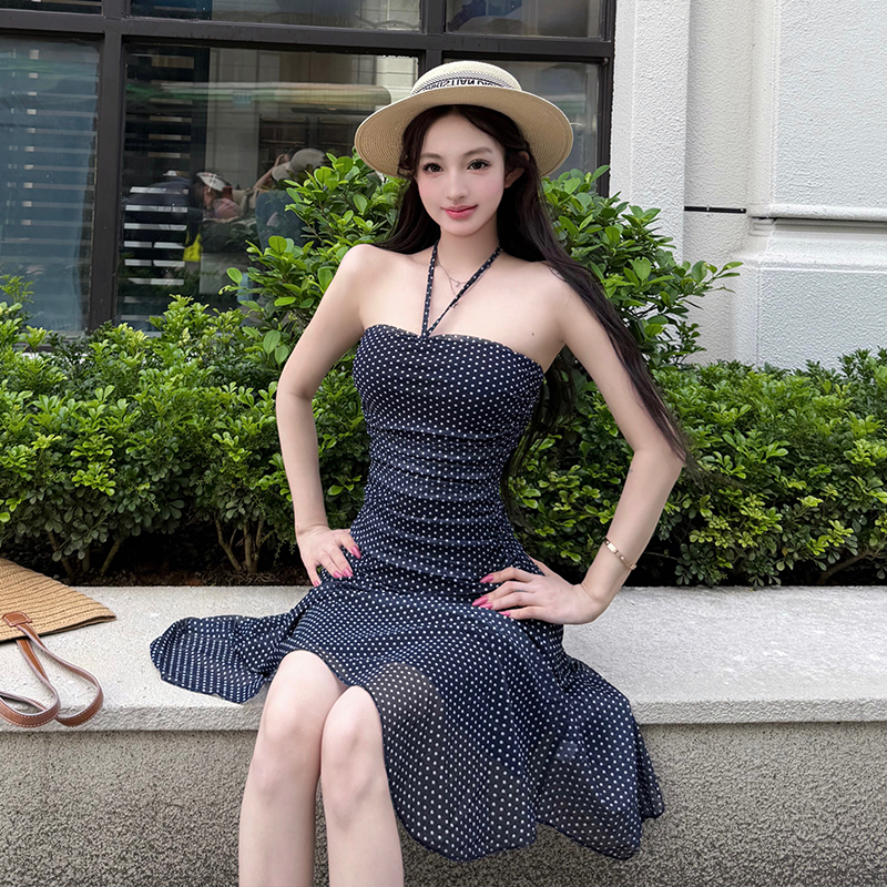 Temperament dress pinched waist T-back for women