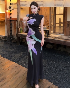 Flowers summer cheongsam printing pinched waist dress