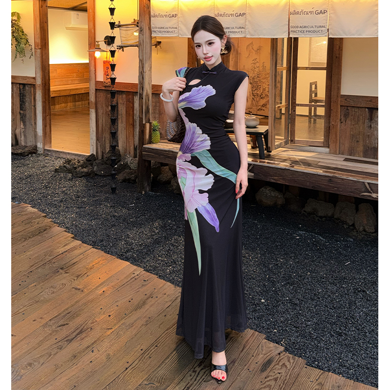 Flowers summer cheongsam printing pinched waist dress
