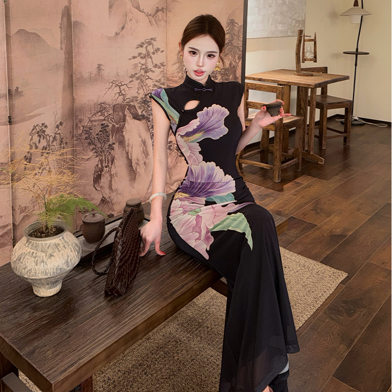 Flowers summer cheongsam printing pinched waist dress