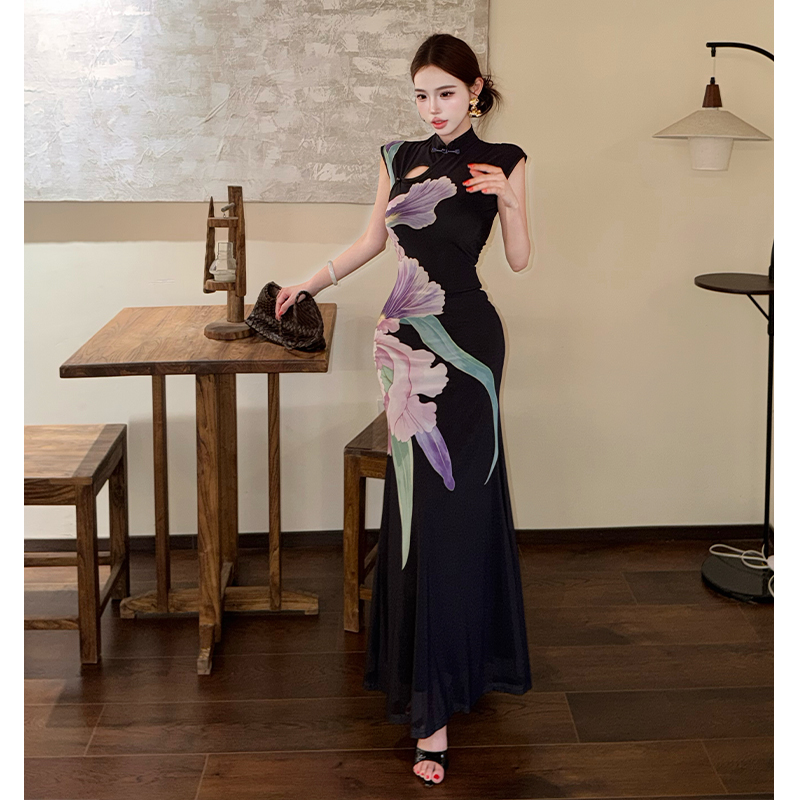 Flowers summer cheongsam printing pinched waist dress