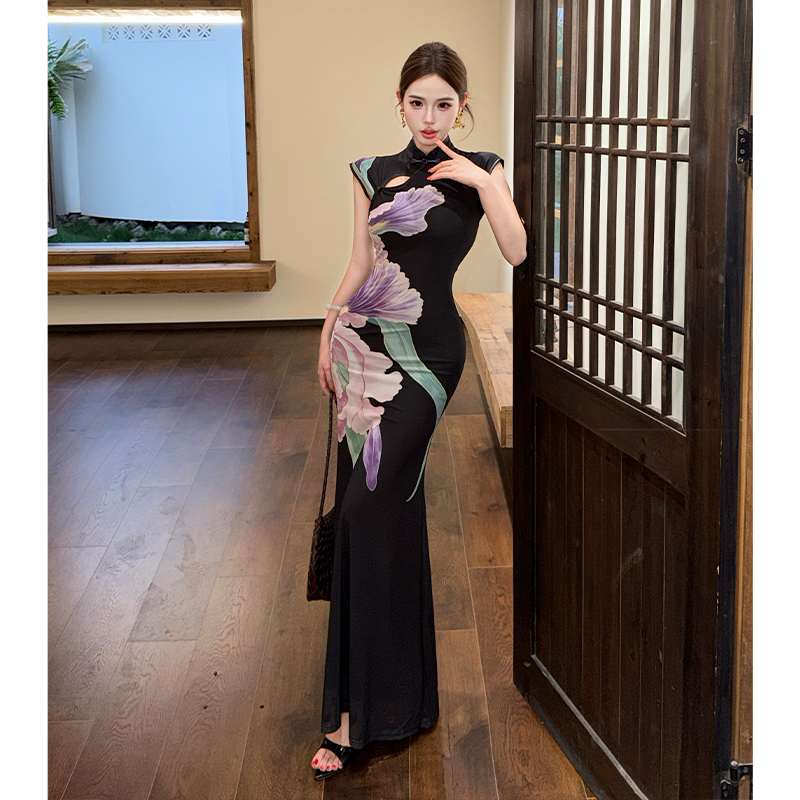 Flowers summer cheongsam printing pinched waist dress
