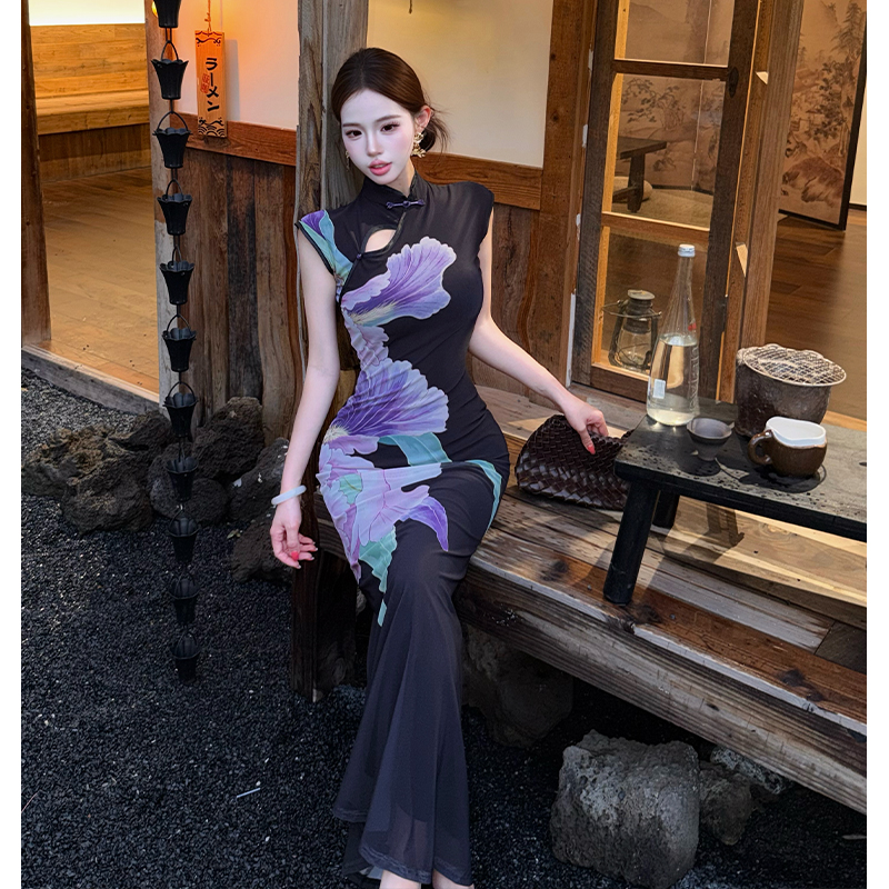 Flowers summer cheongsam printing pinched waist dress