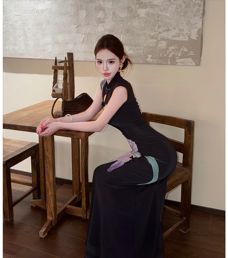 Flowers summer cheongsam printing pinched waist dress