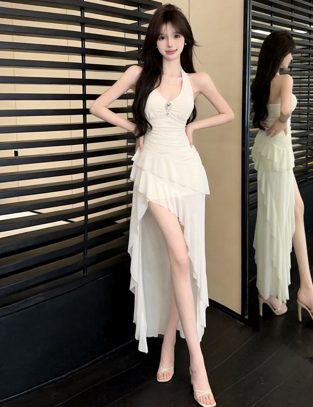 Irregular split dress gauze long dress for women