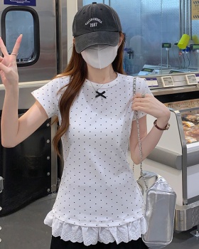Bow round neck polka dot T-shirt short sleeve summer tops