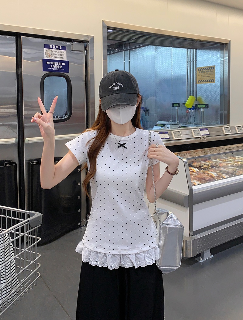 Bow round neck polka dot T-shirt short sleeve summer tops