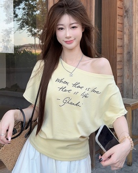 Oblique collar cotton T-shirt printing short tops for women