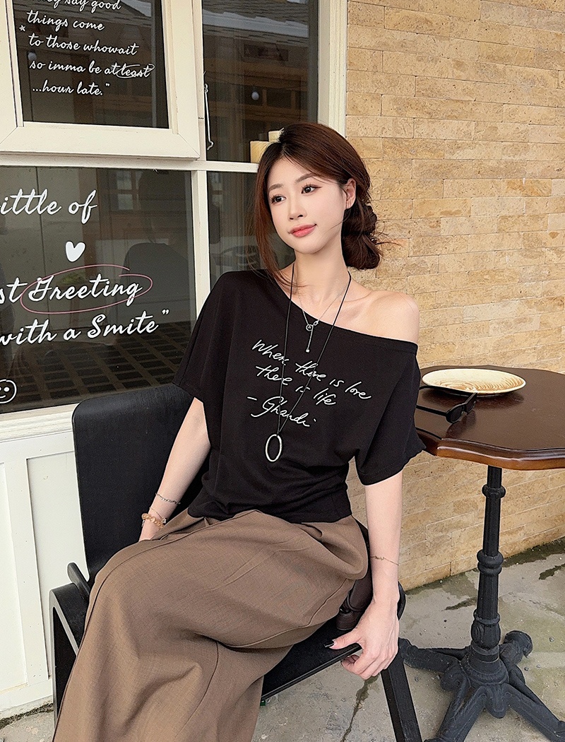 Oblique collar cotton T-shirt printing short tops for women