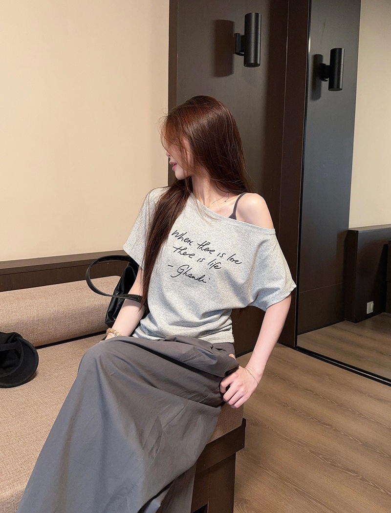 Oblique collar cotton T-shirt printing short tops for women