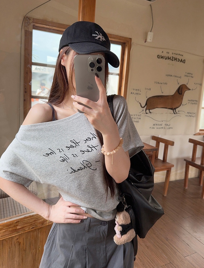 Oblique collar cotton T-shirt printing short tops for women
