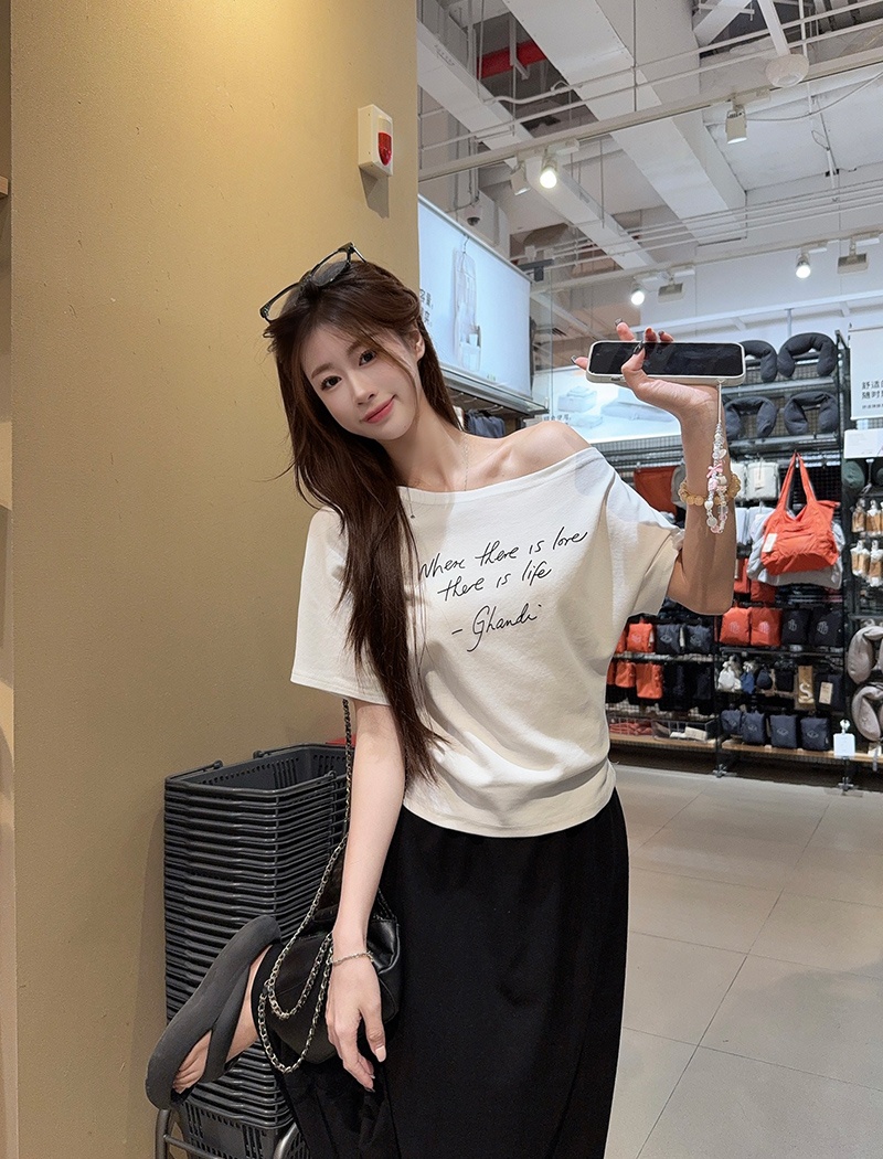 Oblique collar cotton T-shirt printing short tops for women
