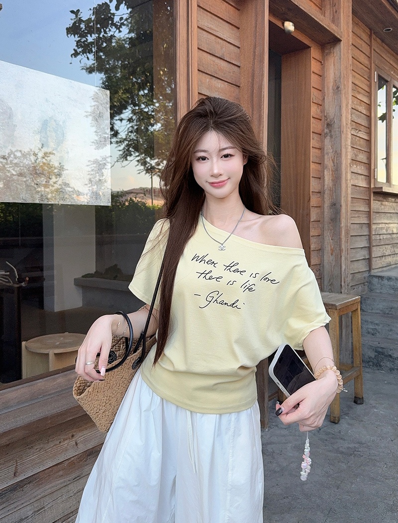 Oblique collar cotton T-shirt printing short tops for women