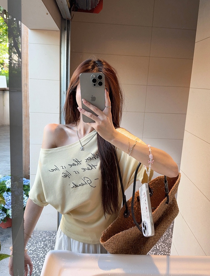 Oblique collar cotton T-shirt printing short tops for women