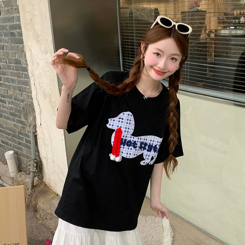 Round neck double yarn tops long summer T-shirt for women