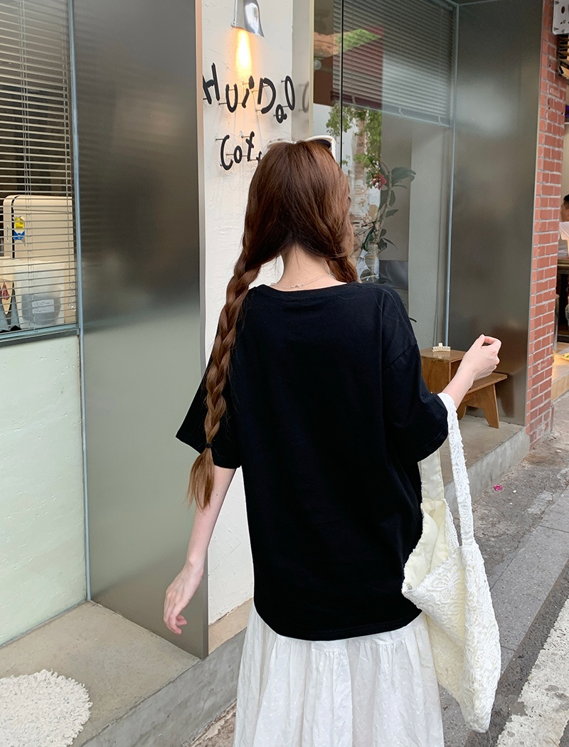 Round neck double yarn tops long summer T-shirt for women
