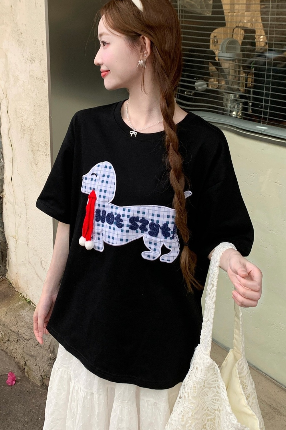 Round neck double yarn tops long summer T-shirt for women