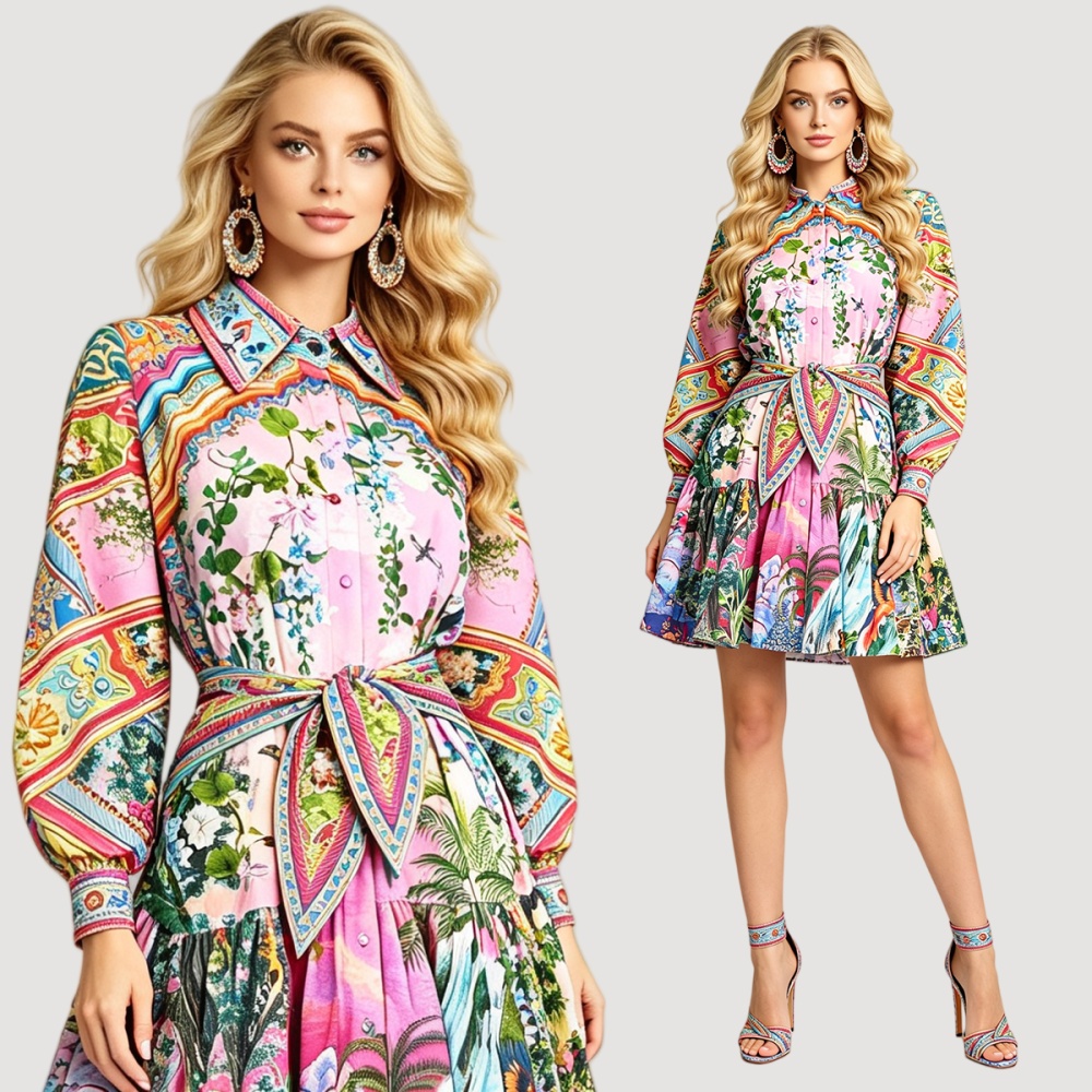 High waist shirt collar temperament printing dress