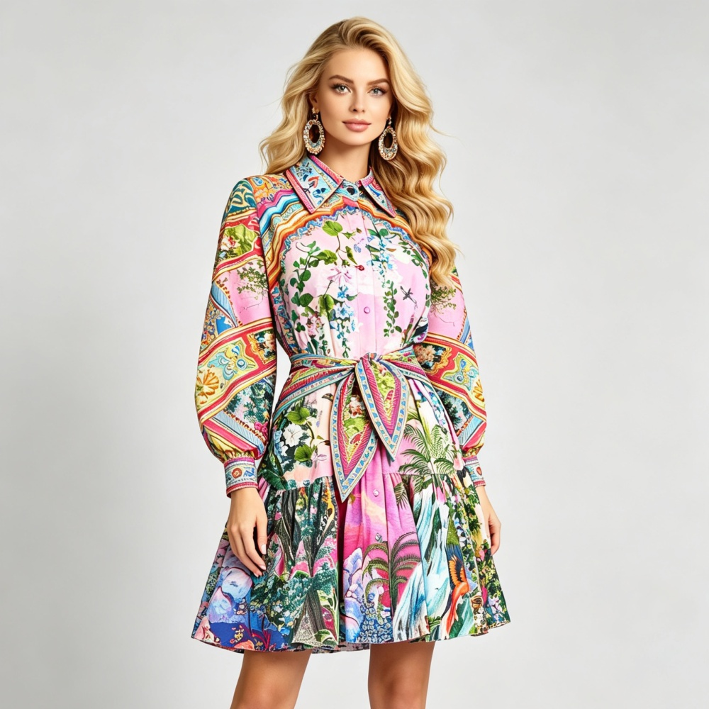 High waist shirt collar temperament printing dress