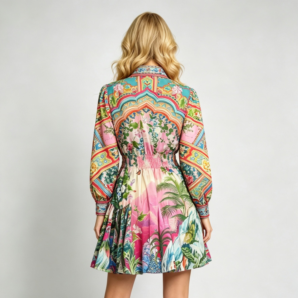 High waist shirt collar temperament printing dress
