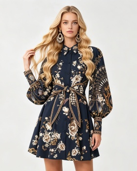Shirt collar pinched waist elasticity printing dress