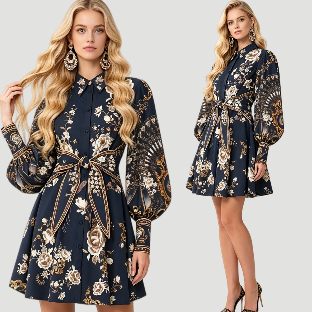Shirt collar pinched waist elasticity printing dress
