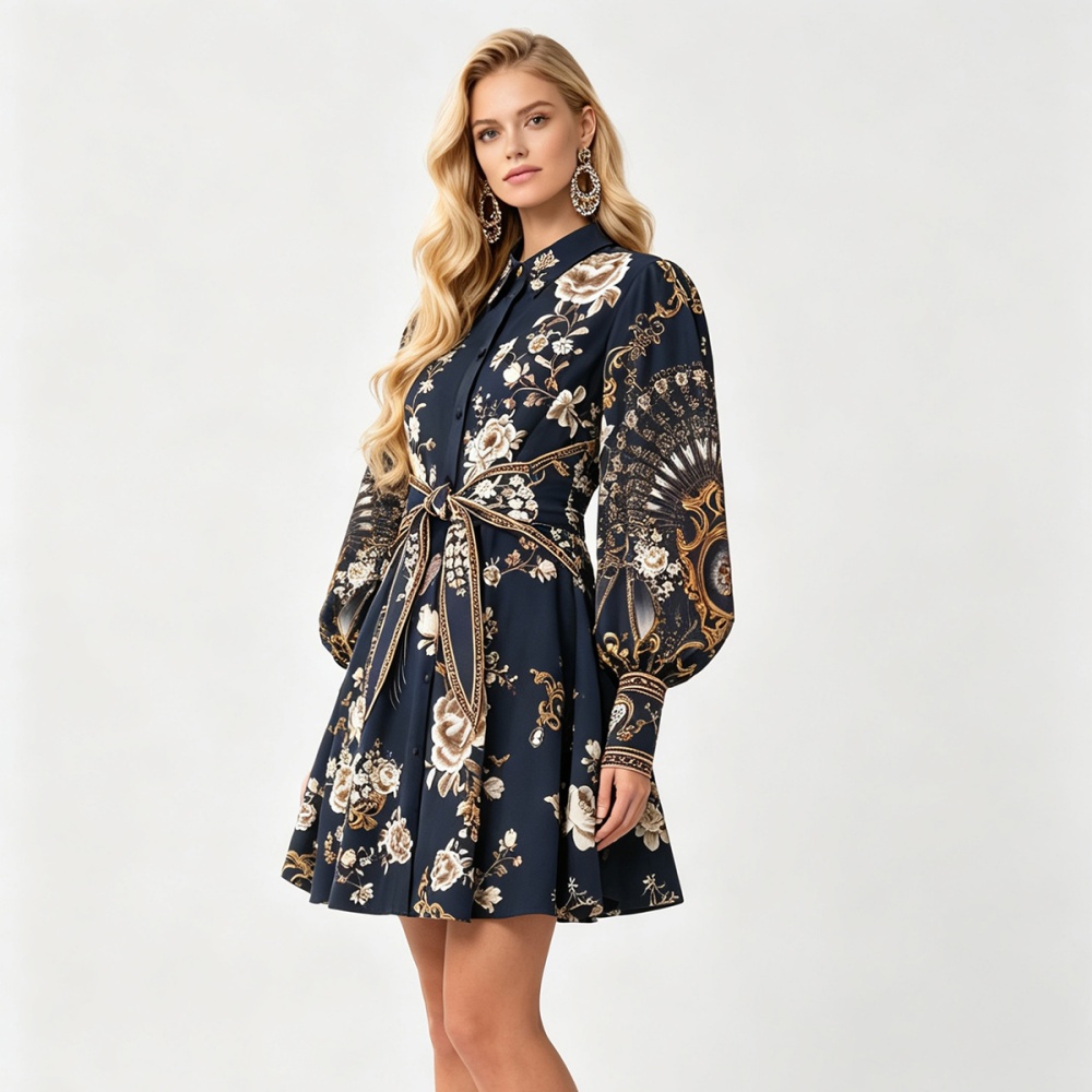 Shirt collar pinched waist elasticity printing dress