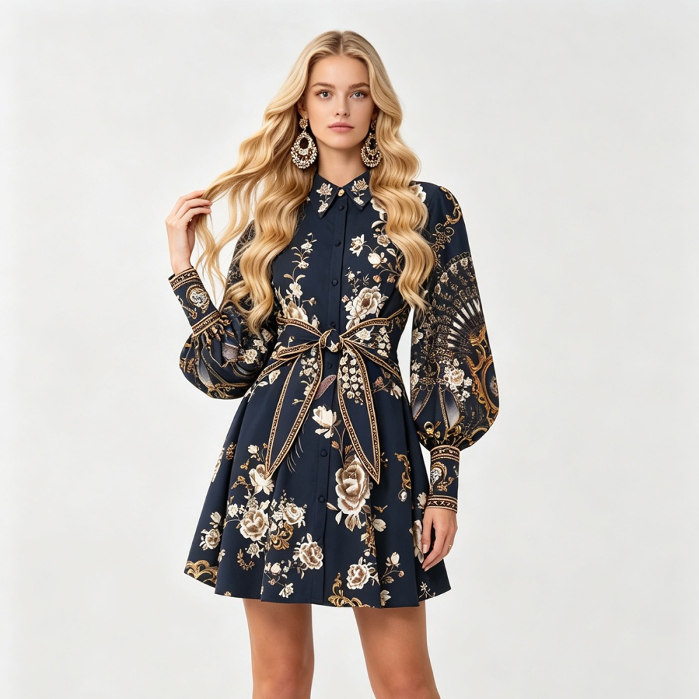 Shirt collar pinched waist elasticity printing dress
