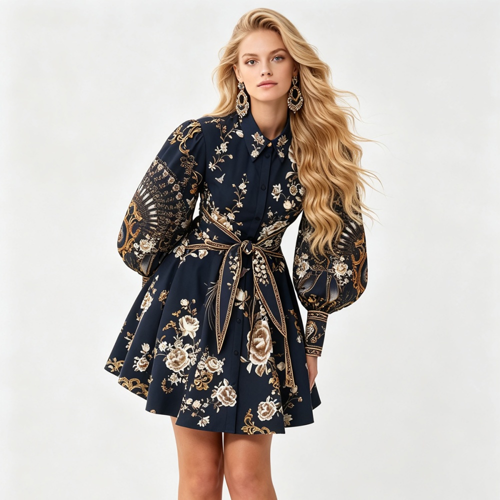 Shirt collar pinched waist elasticity printing dress