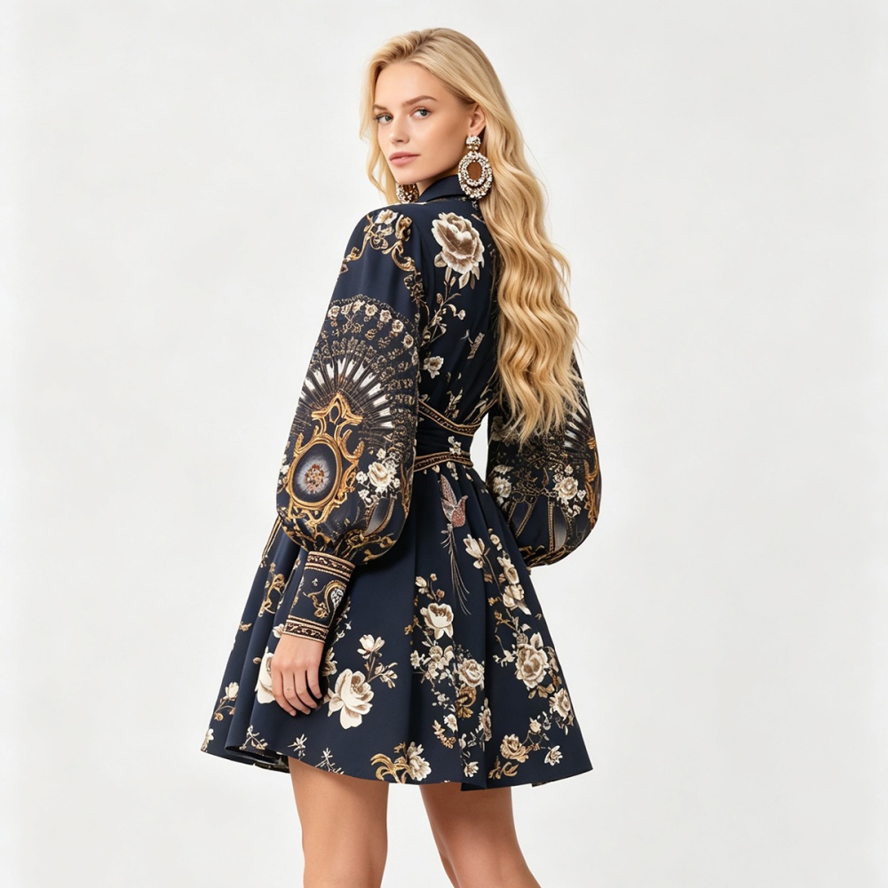 Shirt collar pinched waist elasticity printing dress