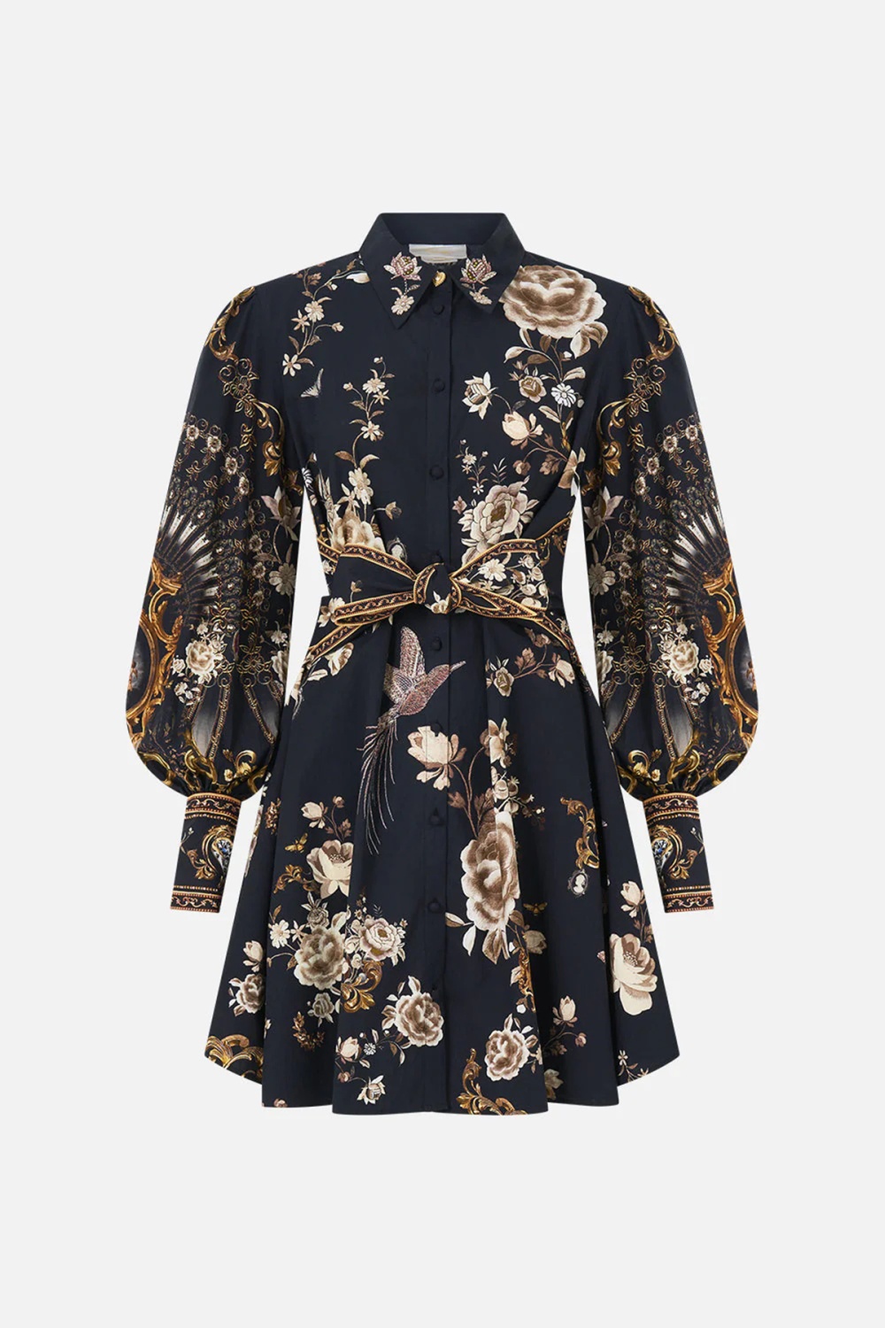 Shirt collar pinched waist elasticity printing dress