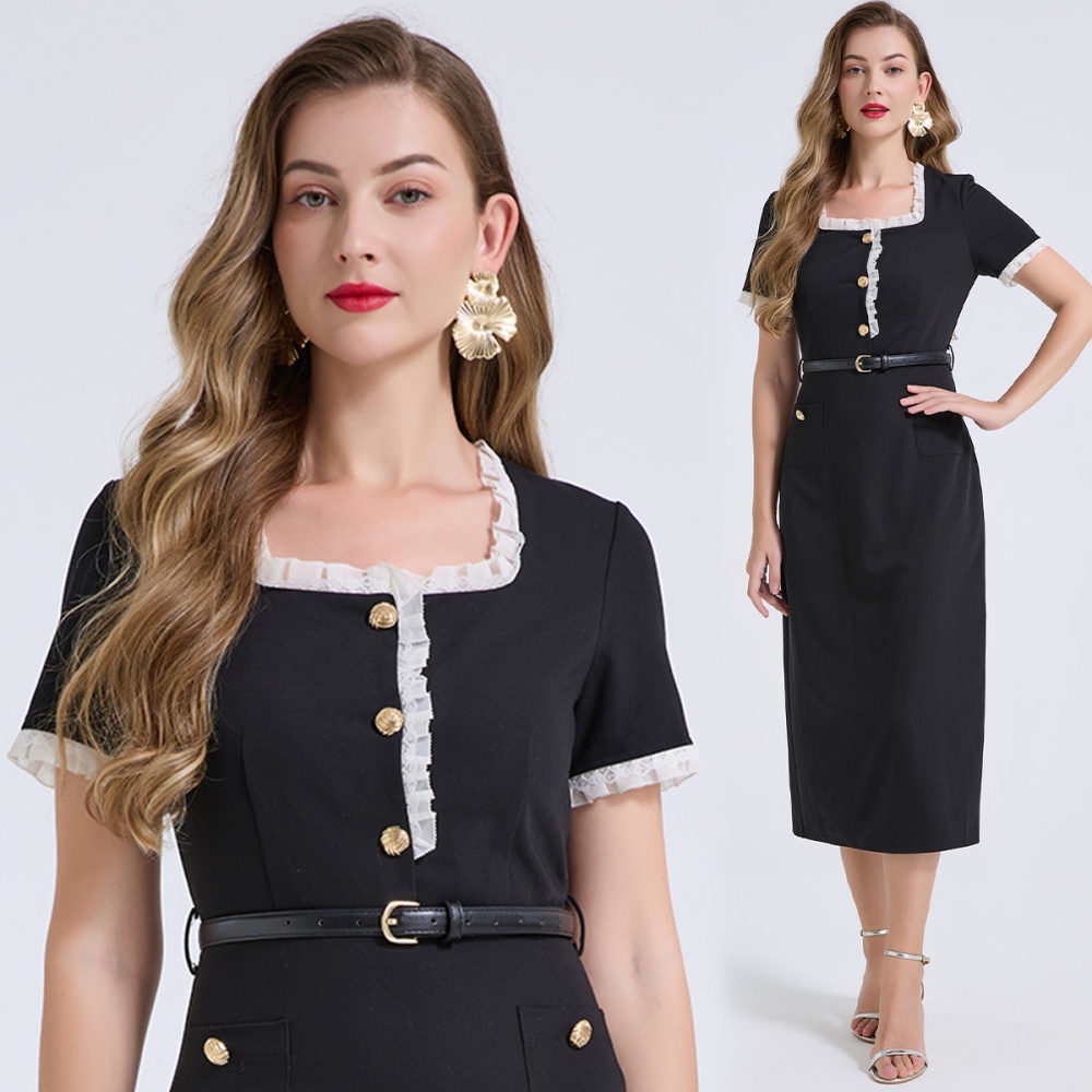 Lace commuting square collar high waist dress