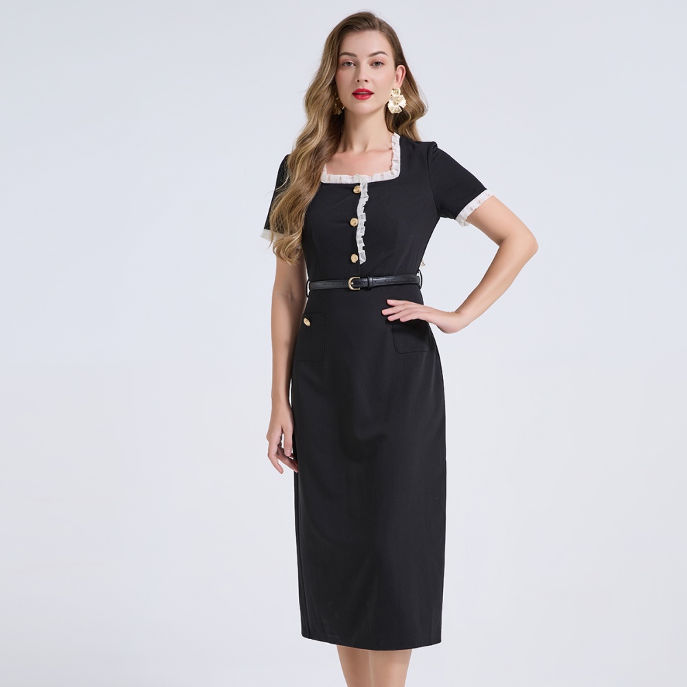 Lace commuting square collar high waist dress
