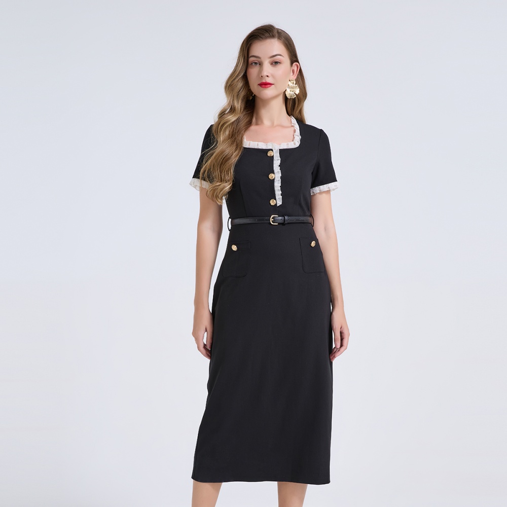 Lace commuting square collar high waist dress