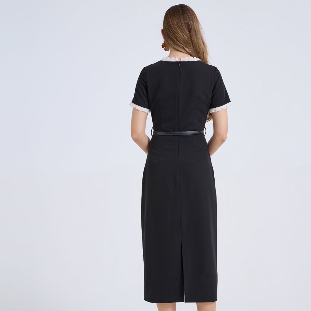 Lace commuting square collar high waist dress