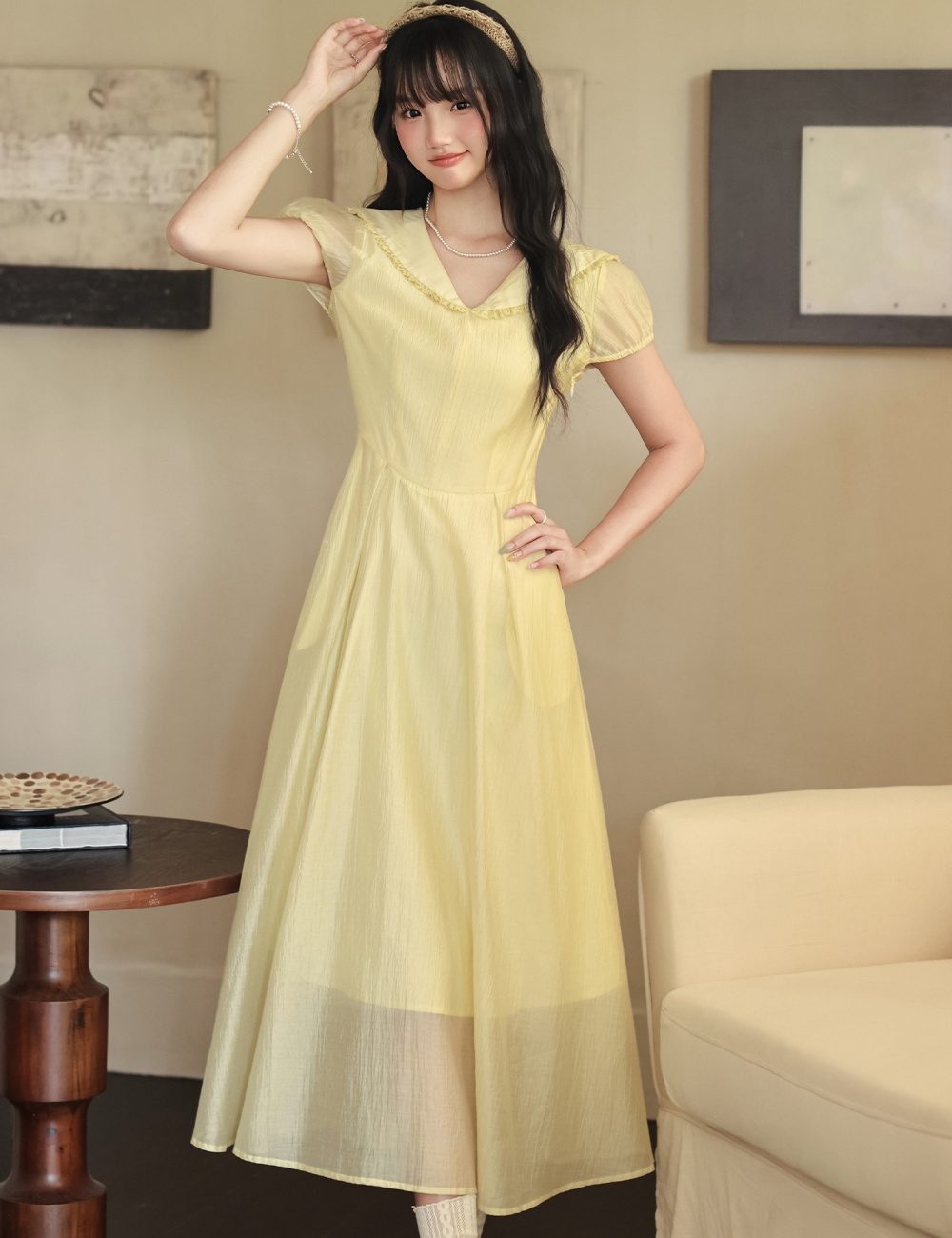 Lapel France style yellow generous dress for women