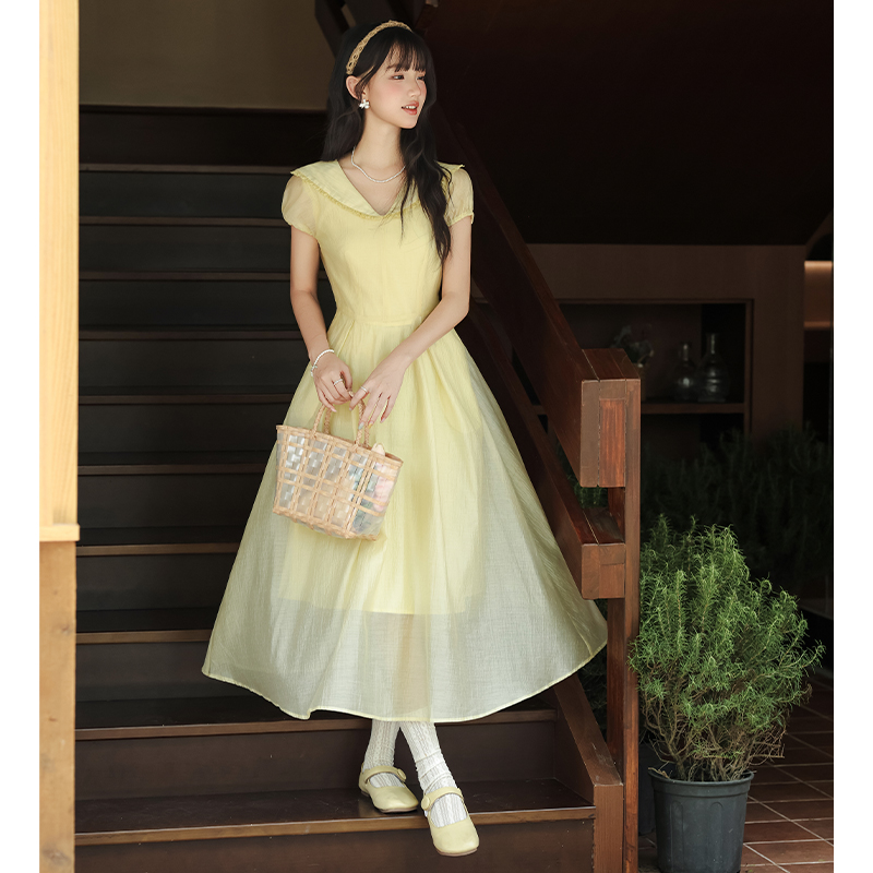 Lapel France style yellow generous dress for women