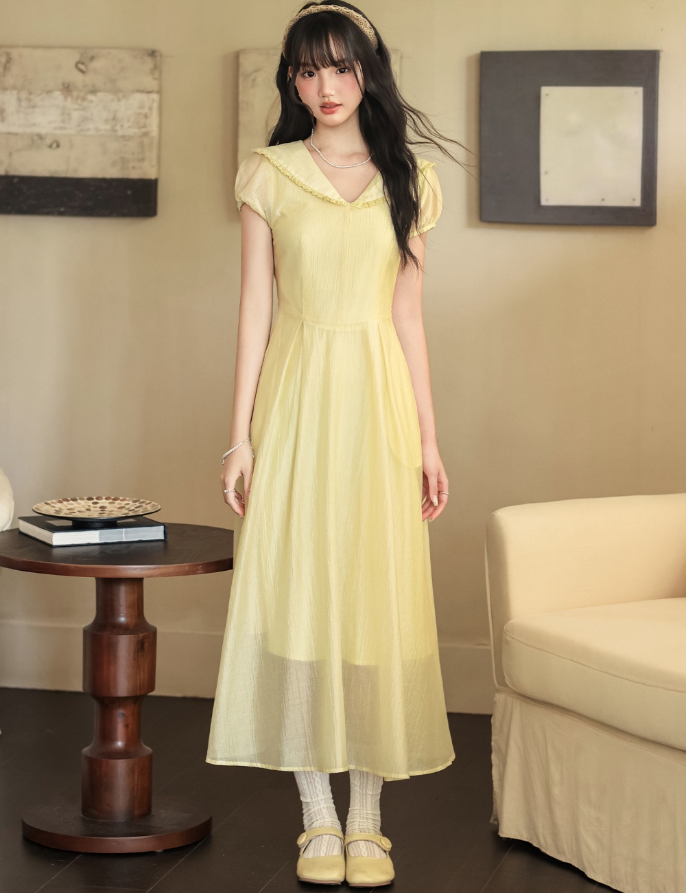 Lapel France style yellow generous dress for women