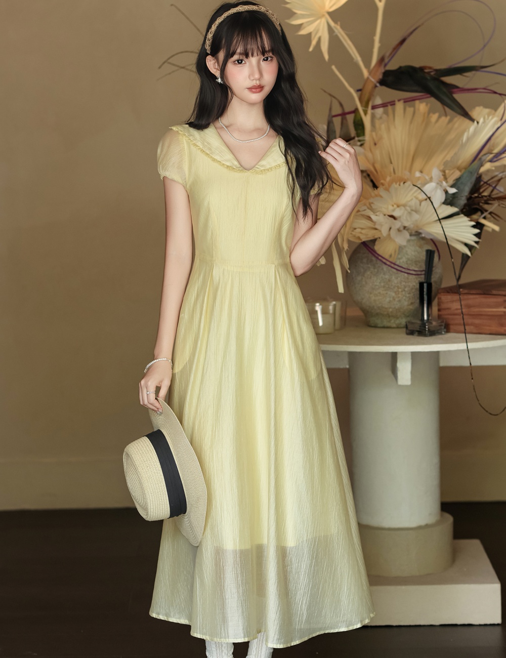 Lapel France style yellow generous dress for women