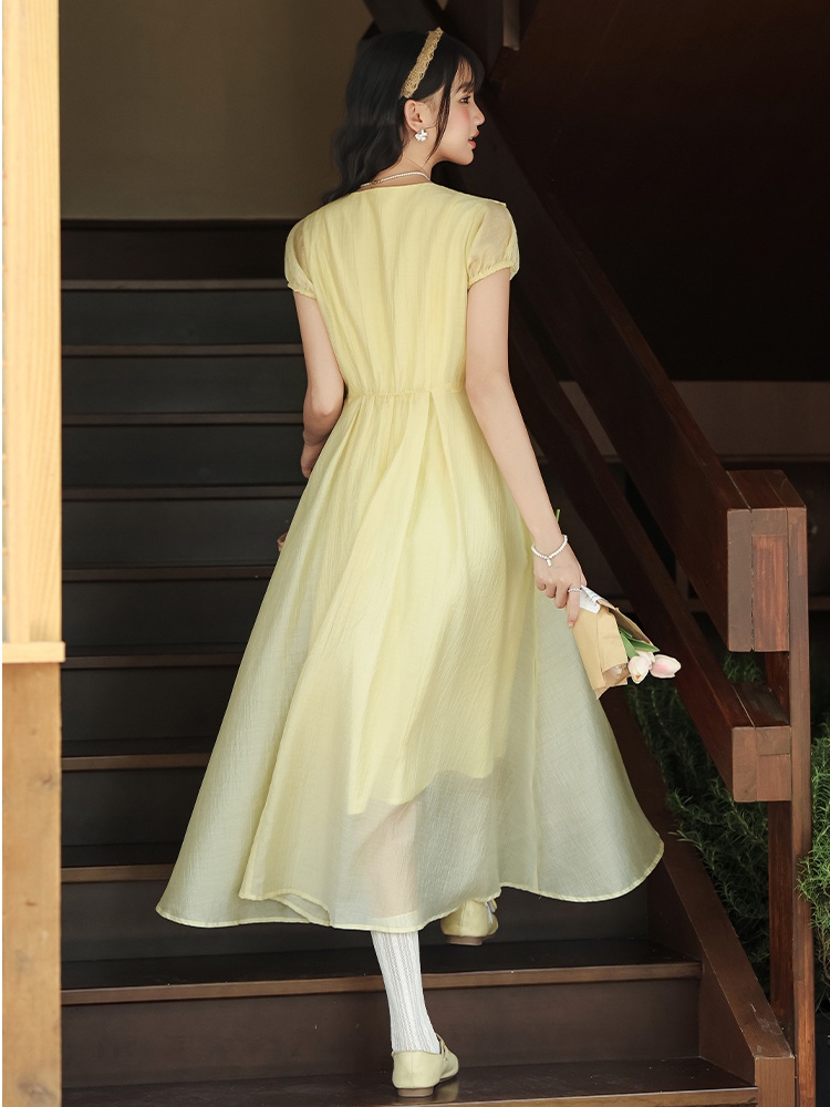 Lapel France style yellow generous dress for women
