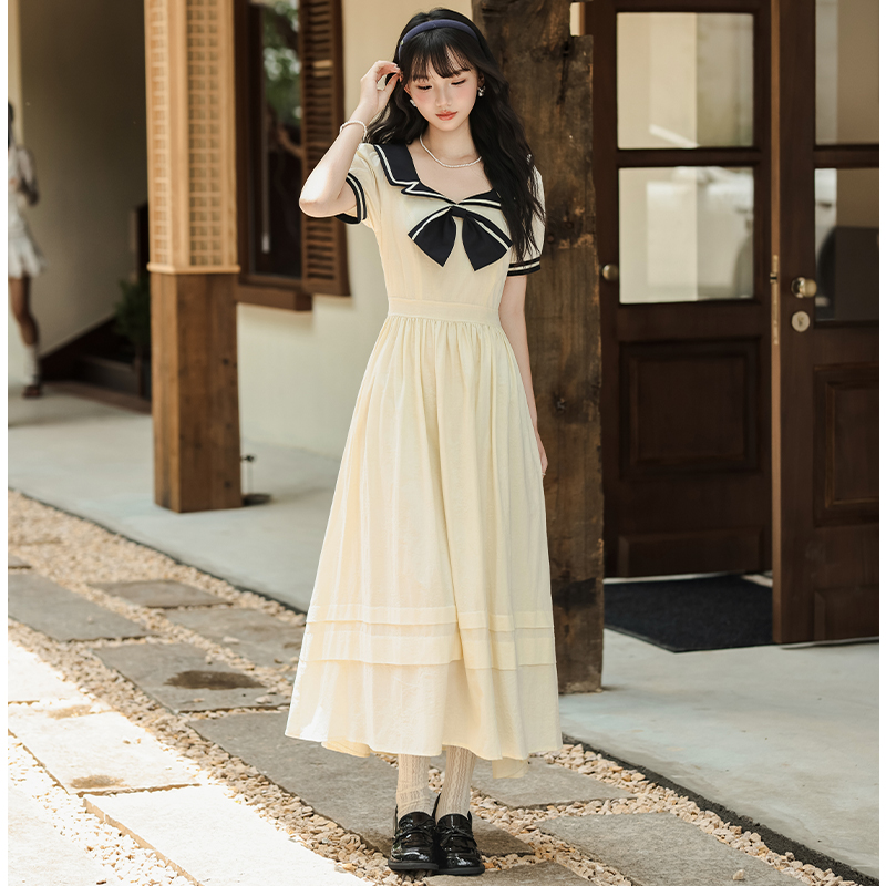 Mixed colors college style art slim dress for women