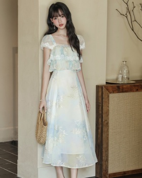 Sweet tender embroidery slim France style printing dress