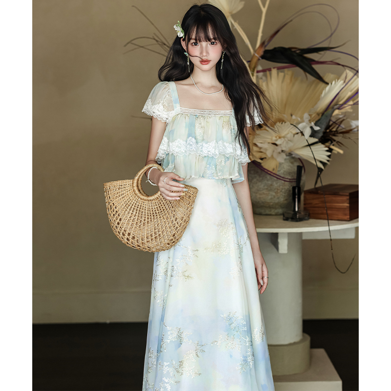 Sweet tender embroidery slim France style printing dress