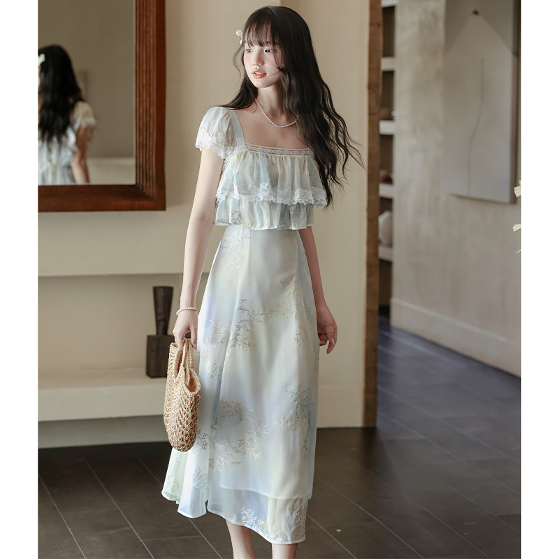 Sweet tender embroidery slim France style printing dress