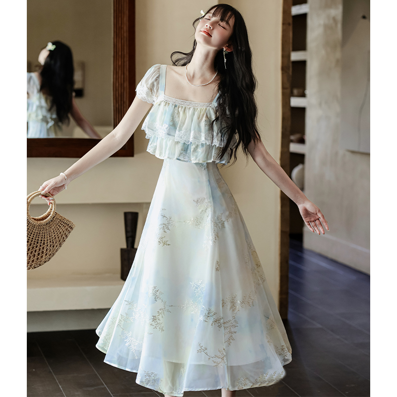 Sweet tender embroidery slim France style printing dress