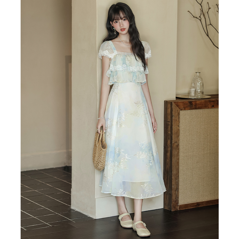 Sweet tender embroidery slim France style printing dress