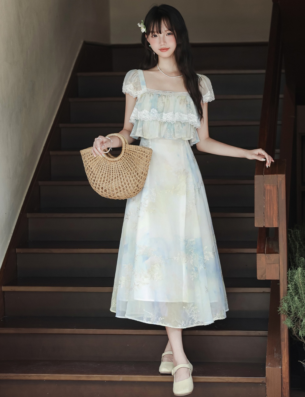 Sweet tender embroidery slim France style printing dress